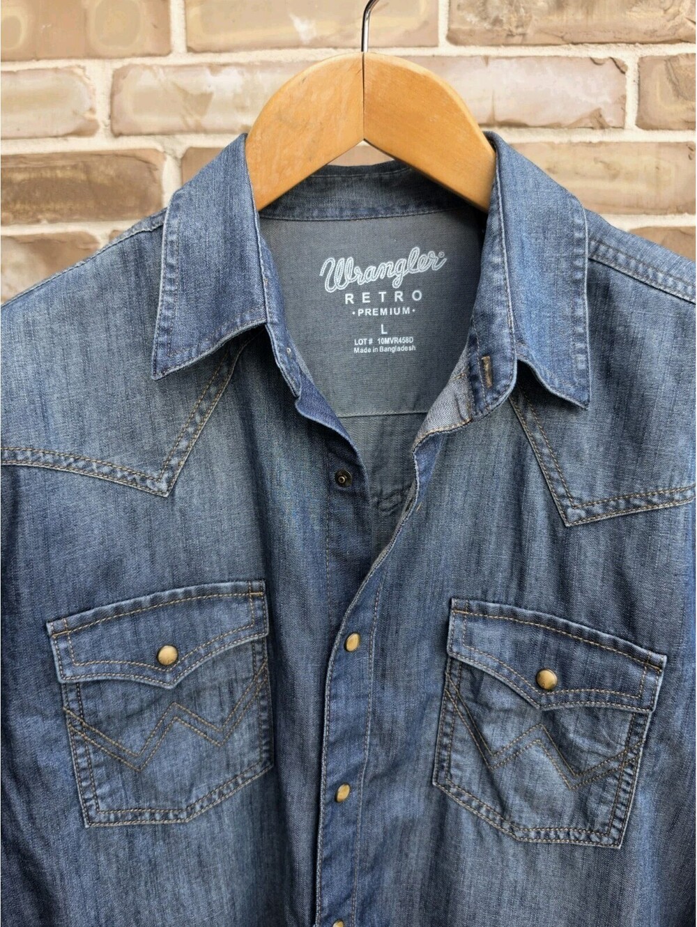 Wrangler Retro Premium Denim Western Shirt Mens Large Blue Pearl Snap Cowboy L